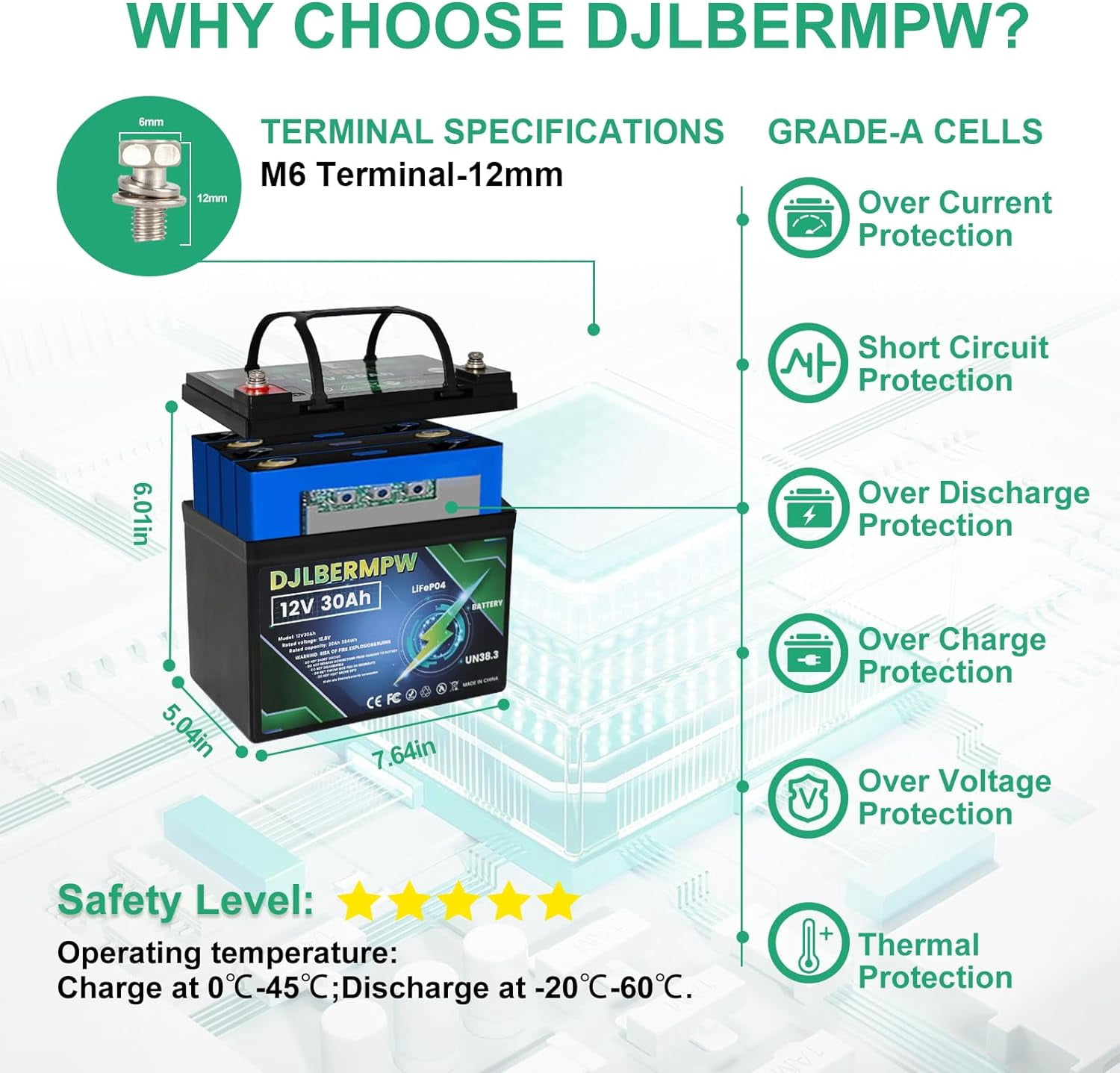 ‎DJLBERMPW 12V 30Ah Lithium Battery 12V LiFePO4 Batteries 384W Load Power 4000+ Deep Cycle Lithium Iron Phosphate Battery Built-in 30A BMS Power Wheels Batteries for RV,Fish Finder,Emergency Light