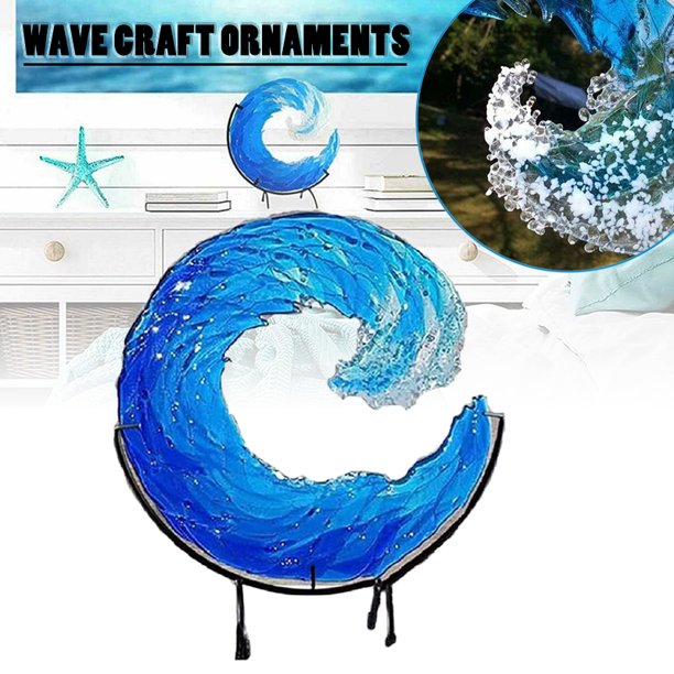 Eudatrwe Ocean Waves Cast Glass Sculpture, Sea Decor, Creative Resin Blue Wave Sculpture, Resin