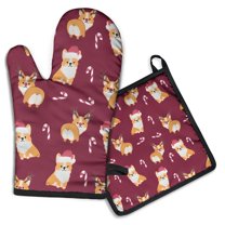 Christmas Corgi Kitchen Oven Mitt and Pot Holder Sets 2 Pcs for Baking, Cooking and Grilling, Heat Resistant Up To 392 °F