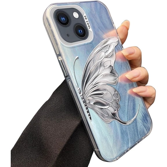Butterfly Silver Glitter Aesthetic TPU Case Compatible with iPhone Case (iPhone 14 Pro Max)