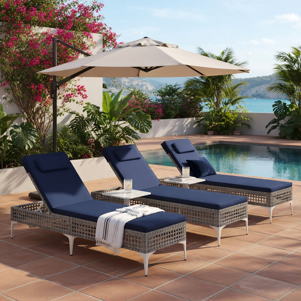 Hommoo Outdoor Chaise Lounge Chair with 6-Position Adjustable Backrest & Headrest, PE Rattan Patio Lounger for Poolside, Backyard, and Garden, Navy Blue