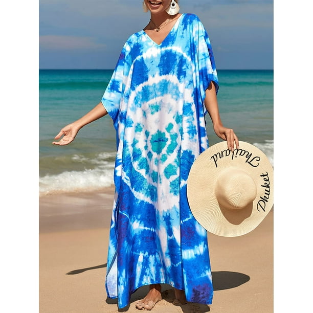 DAKIMOE Women's Tie-Dye Caftan Cover-Up Dress, UV Protection