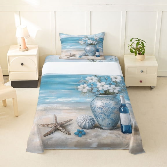 Erosebridal Beach Theme Twin Sheet Sets for Girls, Ocean Starfish Bedding, 1 Flat Sheet, 1 Fitted Sheet and 1 Pillowcase