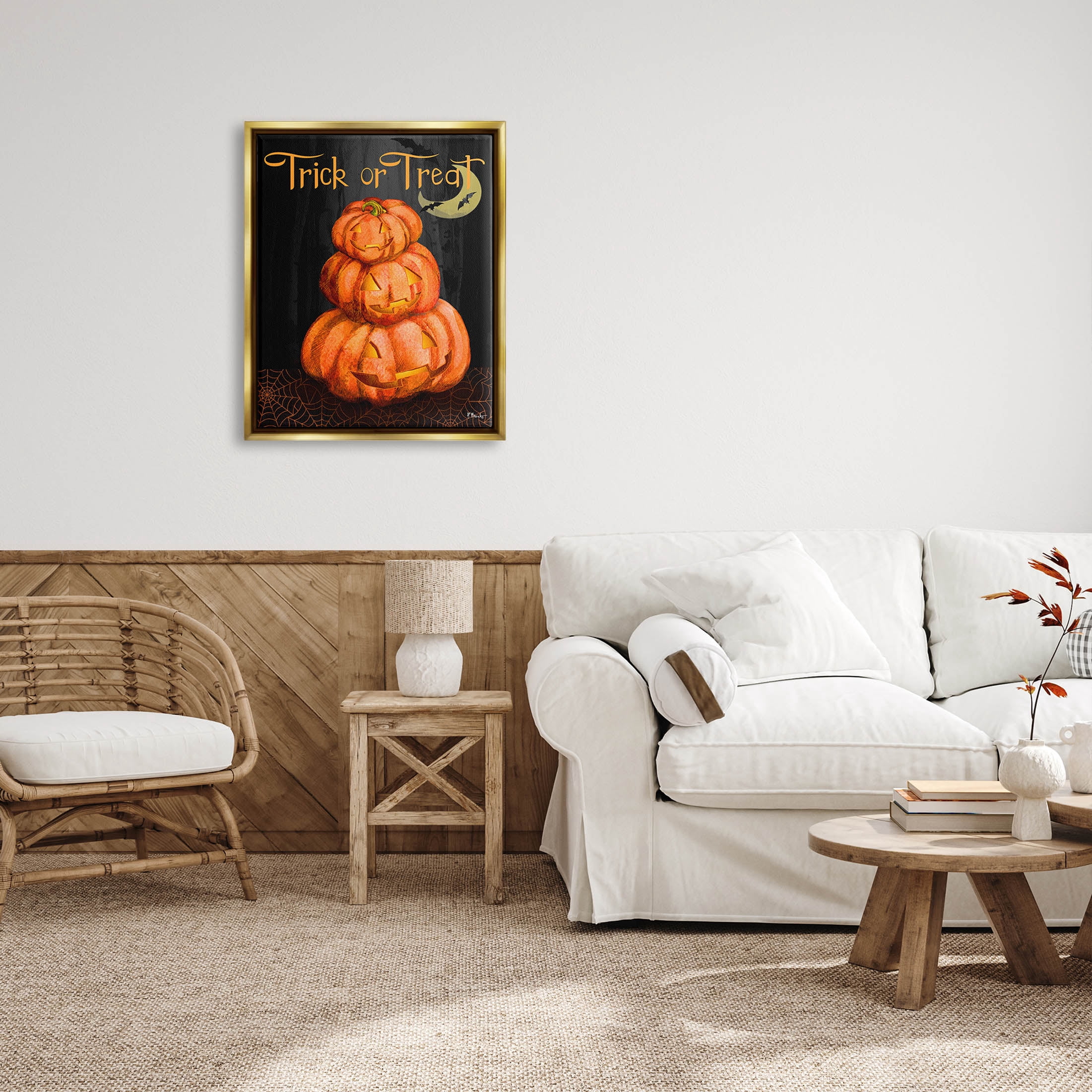 Stupell Industries Trick Or Treat Halloween Jack-o-Lantern Graphic Art Metallic Gold Floating Framed Canvas Print Wall Art, Design by Paul Brent