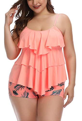 B2prity Women's Tankini Swimsuits Halter Plus Size Two Piece Bathing Suits Tummy Control Shirred Swimwear with Boyshorts 