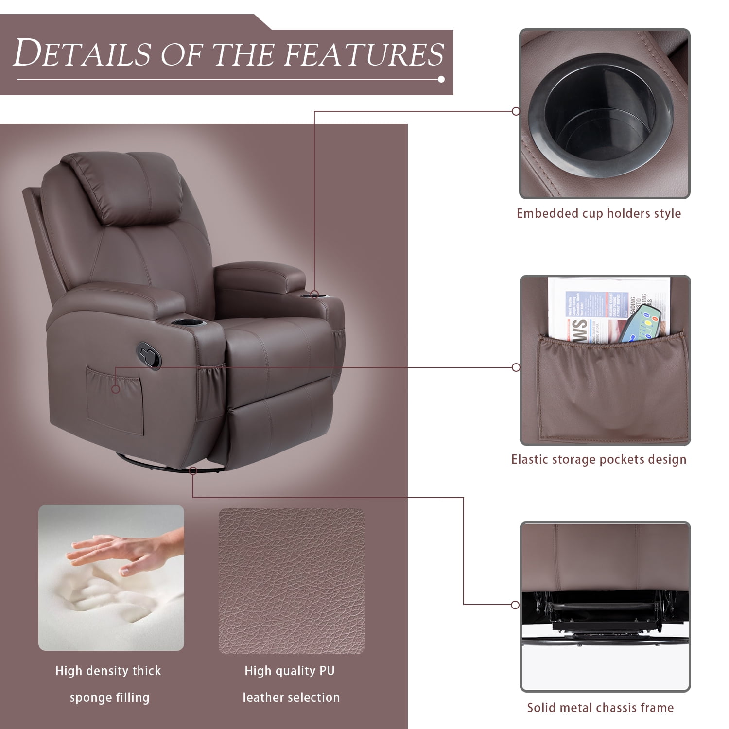 Homall Swivel Rocking Recliner Chair Massage PU Leather 360 Swivel Rocker Recliner Living Room Chair Home Theater Seating,Pu Leather Brown
