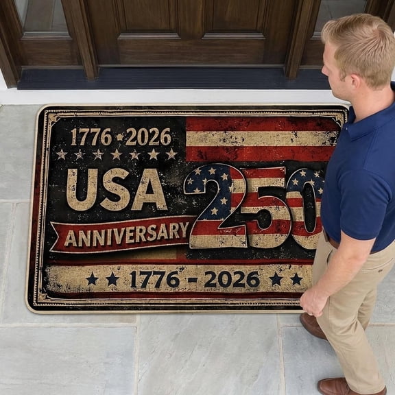250th Anniversary Patriotic Door Mat, USA Front Door Mat Outdoor Non Slip Dirt Trapper Doormat, Vintage Red Independence Decor for Entryway Kitchen Porch