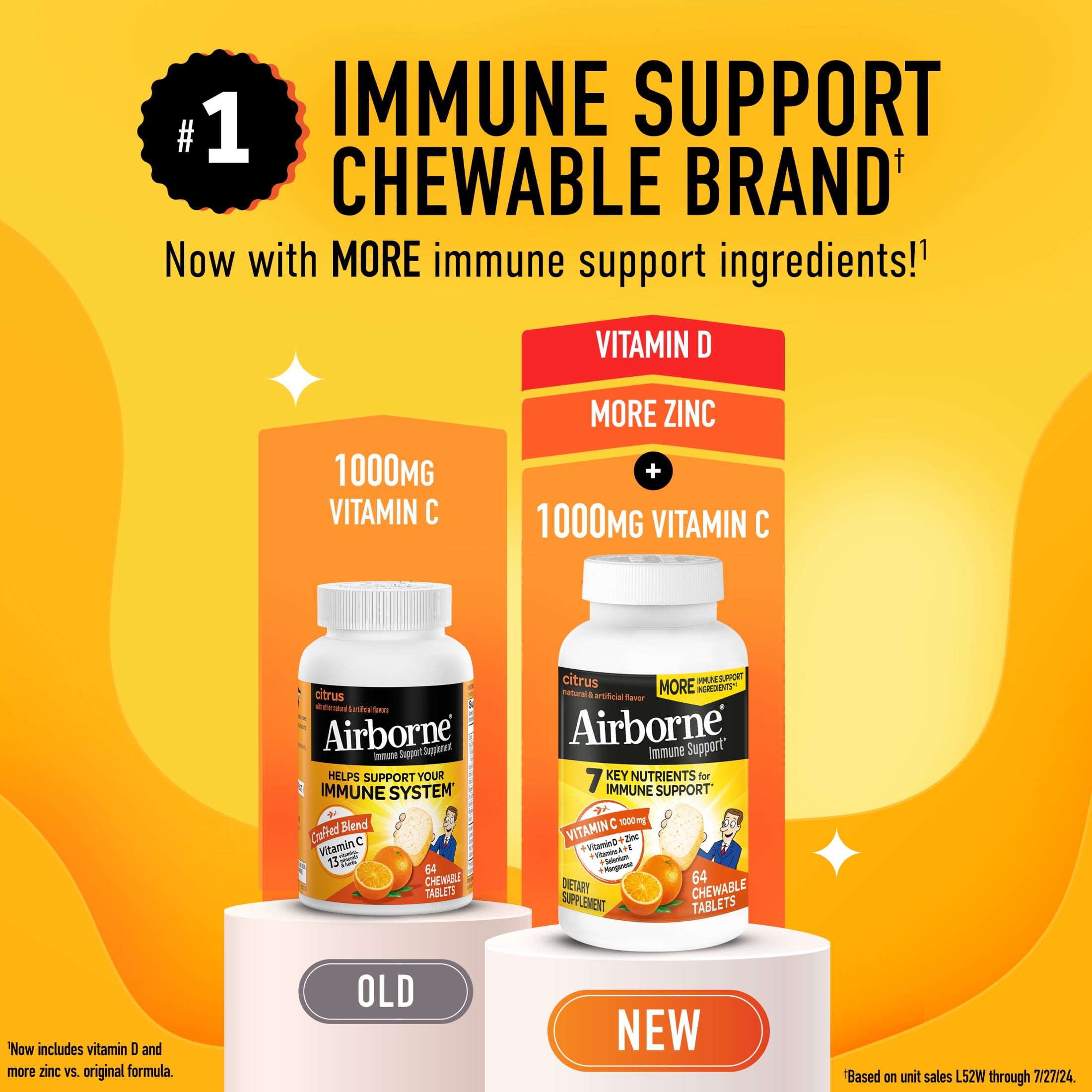 (3 pack) Airborne 1000mg Vitamin C Immune Support Chewable Tablets, Multivitamin Supplement, Citrus Flavor, 64 ct