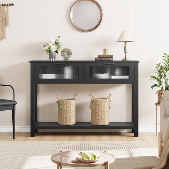 PYY Modern Black Wood Console Table with Glass Drawers – 2-Tier Narrow Sofa Side Table, Storage Shelf for Entryway, Hallway, Living Room, Home Office, Farmhouse Style – Black