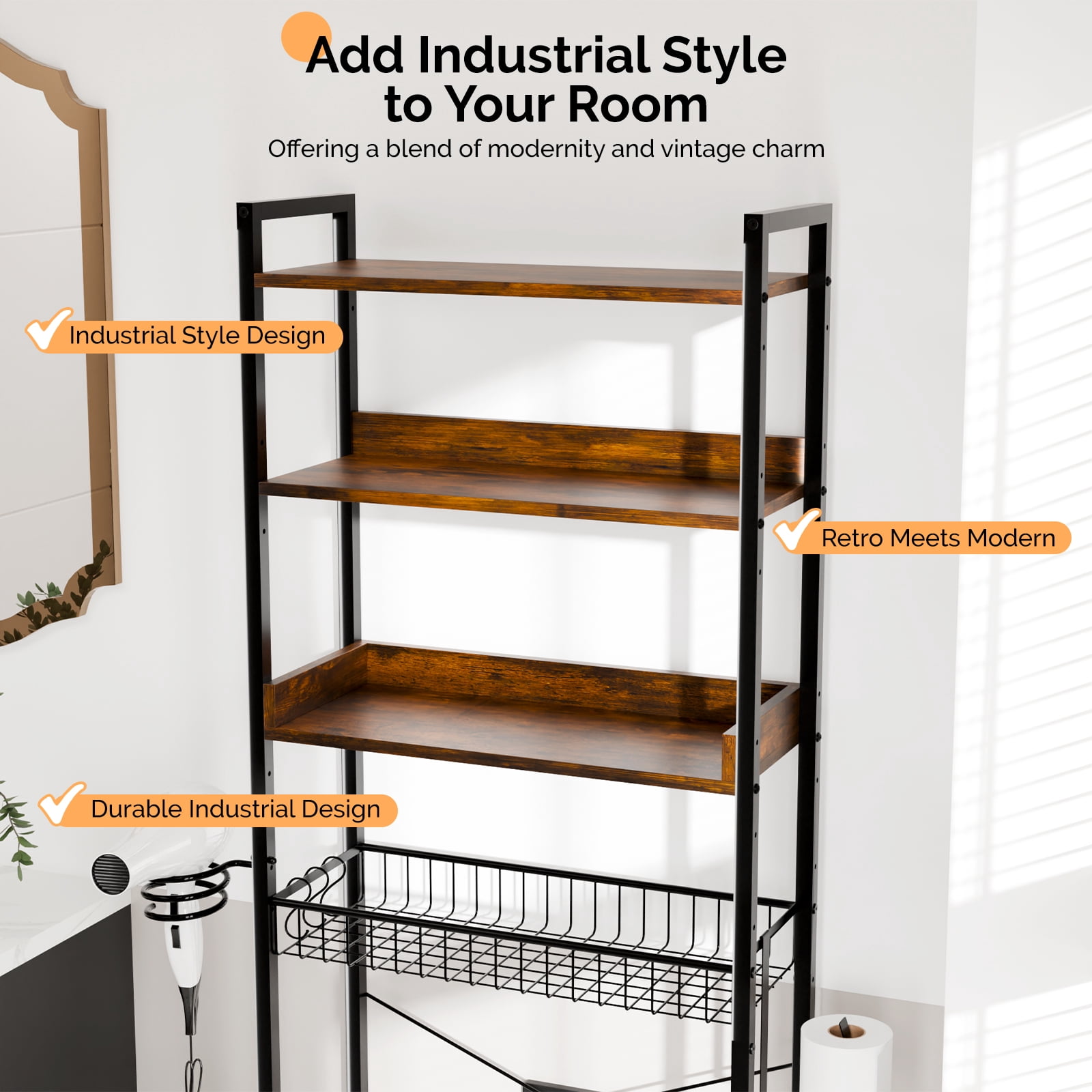 Ktaxon 3-Shelf Over The Toilet Bathroom Storage Rack and Shelf with with Wire Baskets, Tissue Hook and Hairdryer Holder, Rotten - wood