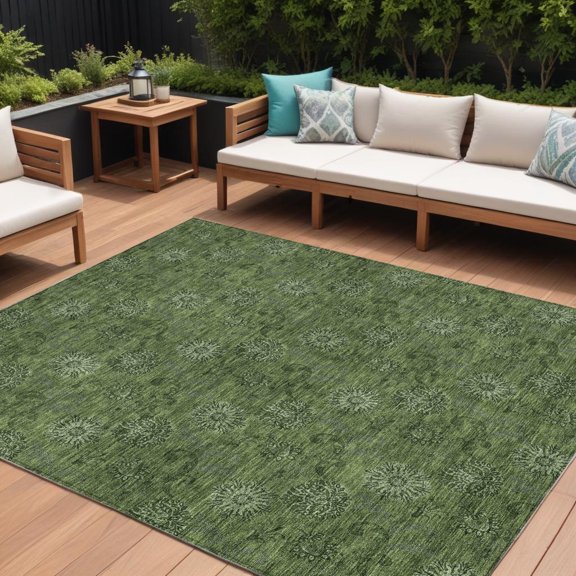 HomeRoots 586988 9 x 12 ft. Floral Washable Indoor & Outdoor Rectangle Area Rug, Olive Green & Green