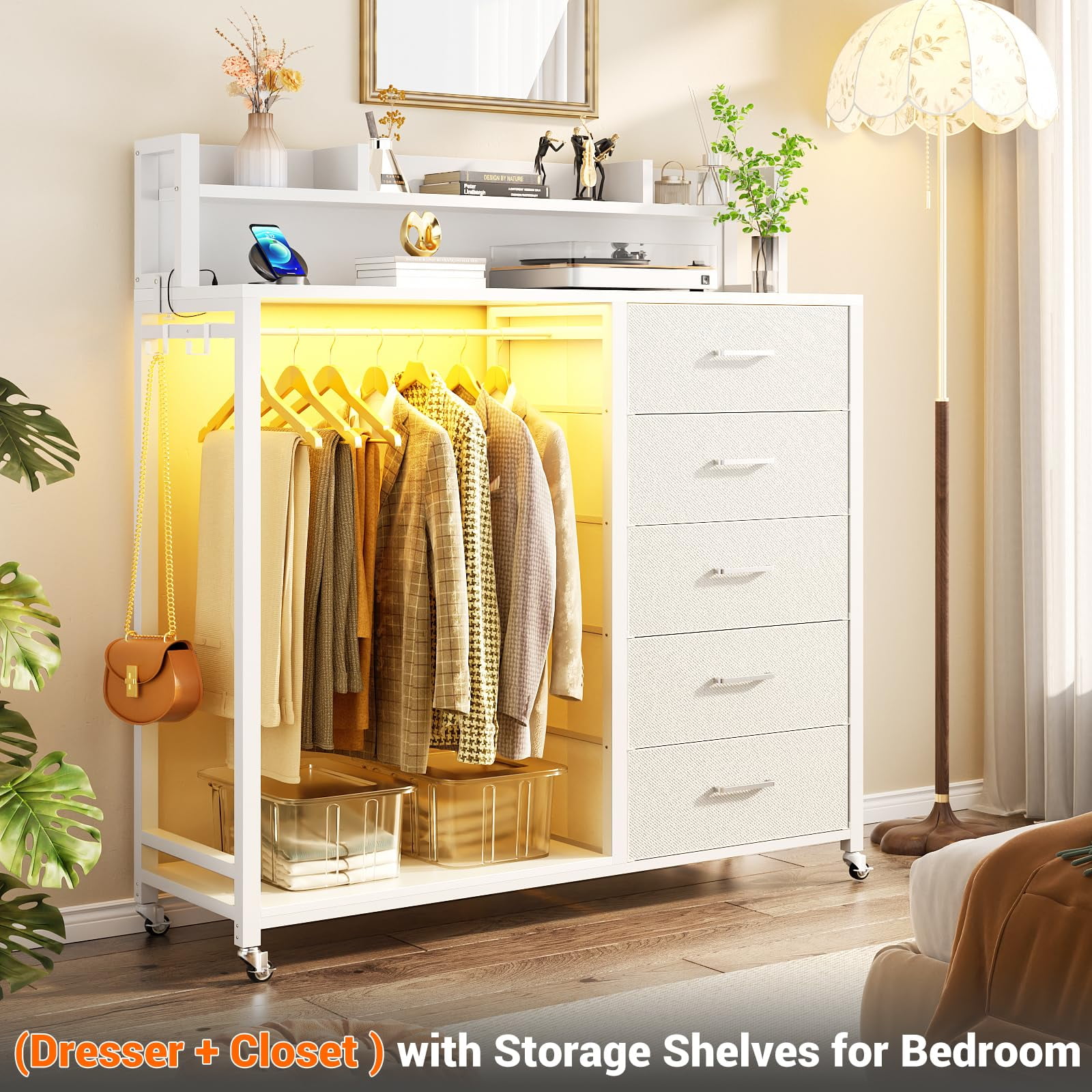 Aheaplus Dresser for Bedroom with Clothes Rack & Shelves, 5 Drawers Dresser with Charging Station & LED Lights, Chest of Drawers with Lockable Wheels, Storage Shelves, Bedroom, Entryway,White