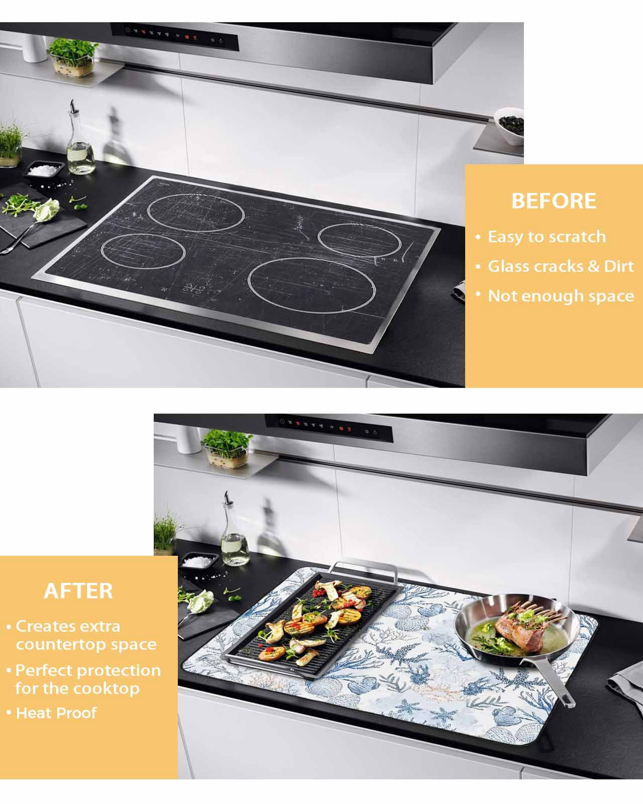 nqOlkjepod Large Induction Cooktop Protector Mat 24"x21", Coastal Coral Stove Top Covers for Electric Stove, Vintage Ocean Blue Starfish Conch Nature Stove Burner Cover Mats, Glass Top Stove Cover