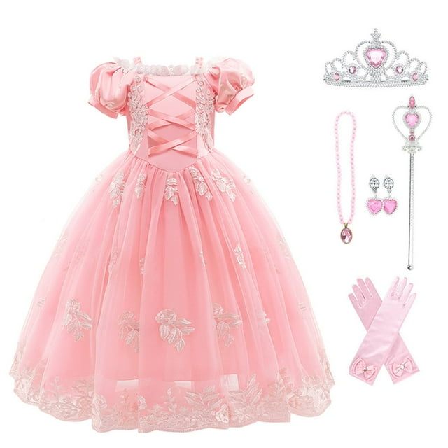 Robe de Fête d'Anniversaire pour Filles Princess, Manches Bouffantes, Cosplay, Robe Princess Rose avec Accessoires