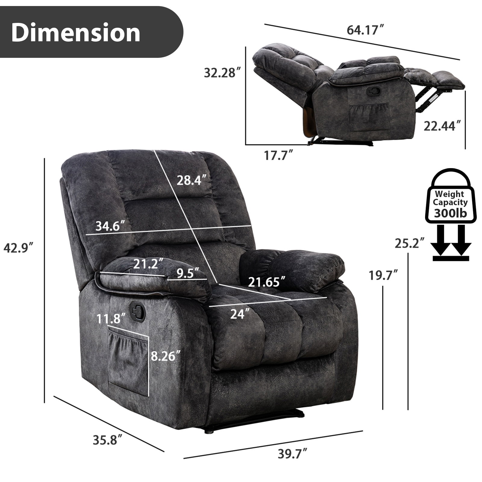 Bonzy Home Recliner Chair with Massage and Heat Overstuffed Fabric Metal frame Manual Reclining Chair Sofa for Living Room
