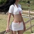 thumbnail image 4 of Conjunto de falda superior Manga corta Cuello halter Cadera Abrigo Casual Mujer Traje de 2 piezas para citas Fiesta Vacaciones Blanco M, 4 of 6