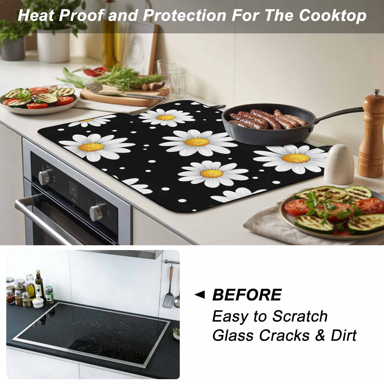 Botanical Daisy Stove Top Cover for Electric Stove, Heat-proof & Non Slip Glass Top Stove Cover Protector, Spring Flowers Branch Stems Kitchen Flat Cooktop Rubber Mat 24x21 Inches