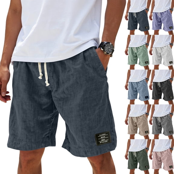 LWavelet Linen Shorts for Men Knee Length Beach Shorts Big and Tall Elastic Waist Wide Leg Casual Short with Pockets,Black L
