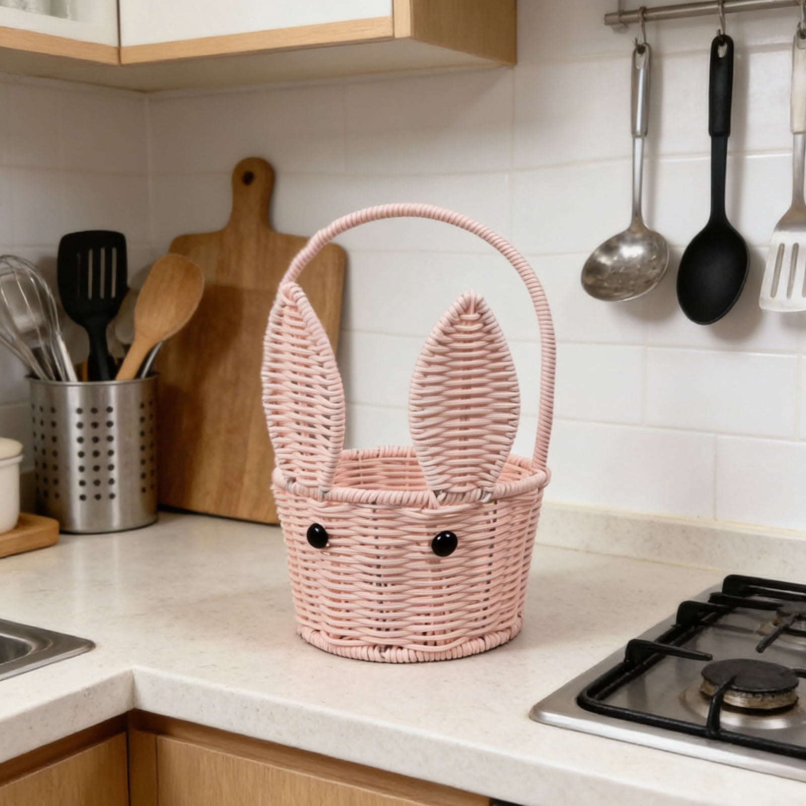 Junepar Handmade Easter Bunny Ear Woven Basket with Handle,Cute Rabbit Wicker Storage Basket, Easter Egg & Candy Holder for Egg Hunts, Picnics, Home Storage & Easter Decor