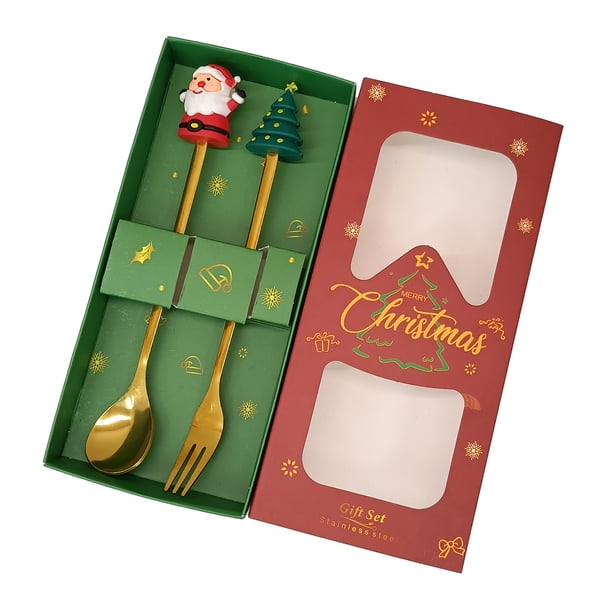 Juego de cucharas navideñas de acero inoxidable con tema de árbol, Papá Noel y estrella. Cucharas para remover café. Utensilios de cocina festivos con caja de regalo