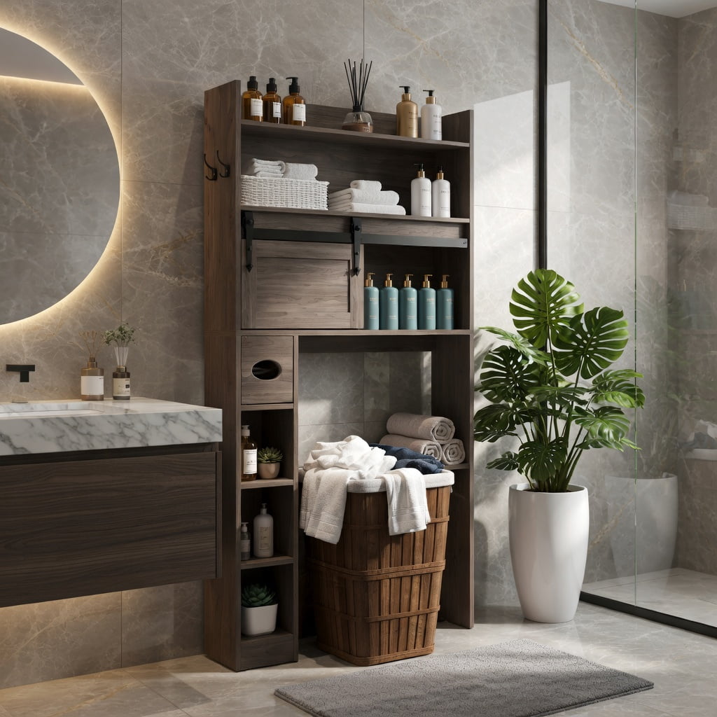 Hommoo Over-the-Toilet Storage Cabinet with Sliding Barn Door, Adjustable Shelves & Toilet Paper Holder, Gray
