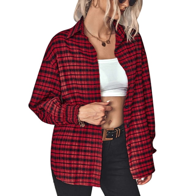 Camisa a cuadros para mujer, cuello vuelto, manga larga abullonada, estampado, camisa informal para mujer, color rojo, XL