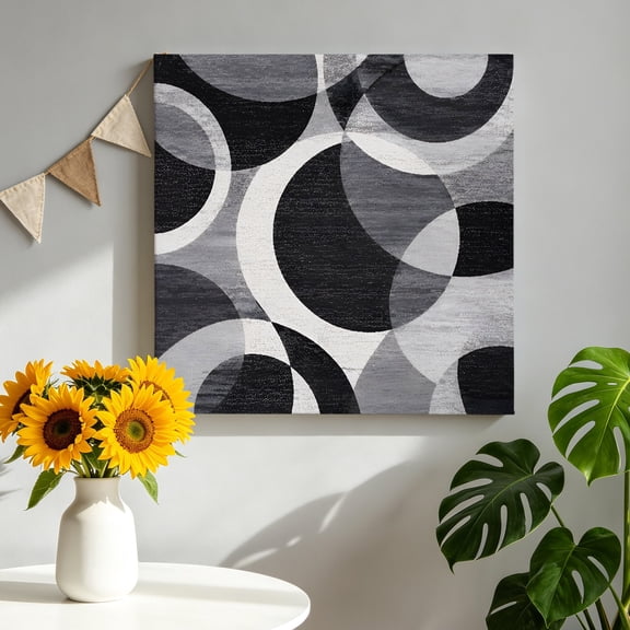 Overlapping Circular Rings Canvas Wall Art, Minimalist Abstract Black Gray Texture Framed Canvas Wall Decor Picture Print Artwork Decorations for Living Room Office Ready to Hang 16" x 16"