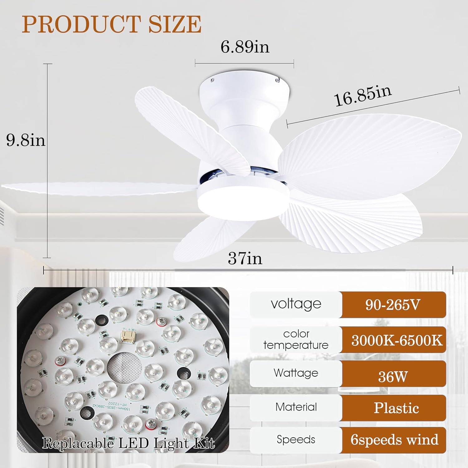 Tropical Ceiling Fans with Light, 38-inch Flush Mount Palm Leaf Ceiling Fans for Bedrooms, Indoors and Outdoors, Remote Control/APP Control, 6-Speed, Dimmable, Reversible, White.