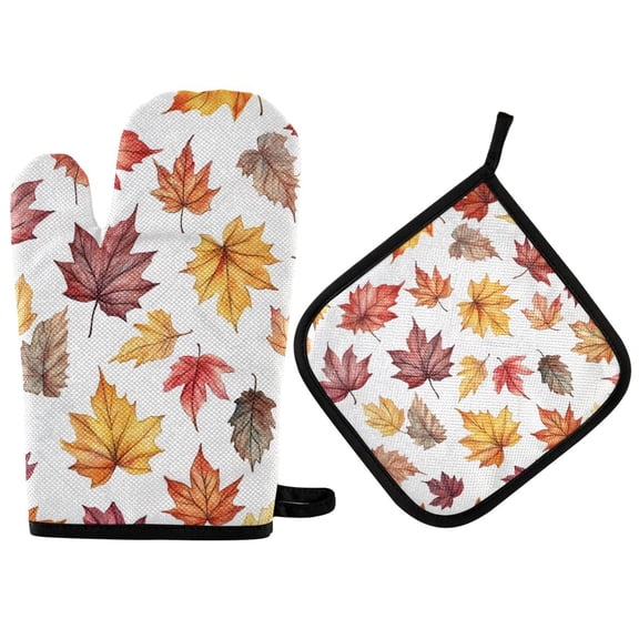 Yayeee Oven Mitts and Pot Holder Set of 2 Heat Resistant Kitchen Gloves Baking Hot Pad, Gray Autumn Leaves