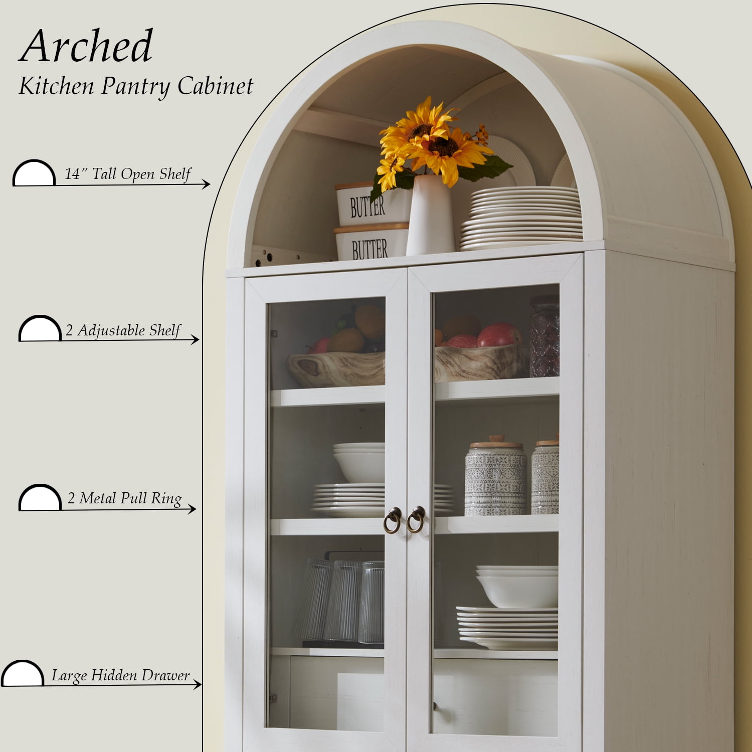 SinCiDo Arched Kitchen Pantry Storage Cabinet, 71" Tall Wood Storage Cabinet with 4 Doors and 6 Shelves for Dining Room Living Room