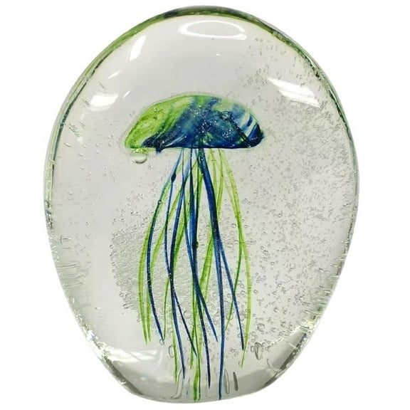 Chesapeake Bay 73720 Blown Glass Glow in the Dark Blue and Green Jellyfish Block Paperweight, 4.5 Inches