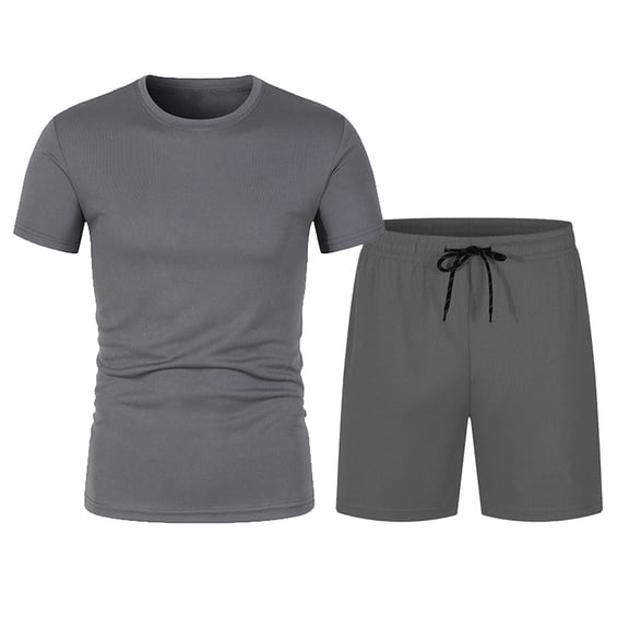 WRKEKC Mens 2 Piece Outfits Solid Color Mesh Casual Running Fitness Sport Pocket Drawstring Waist Shorts with Round Neck Top Beach Set