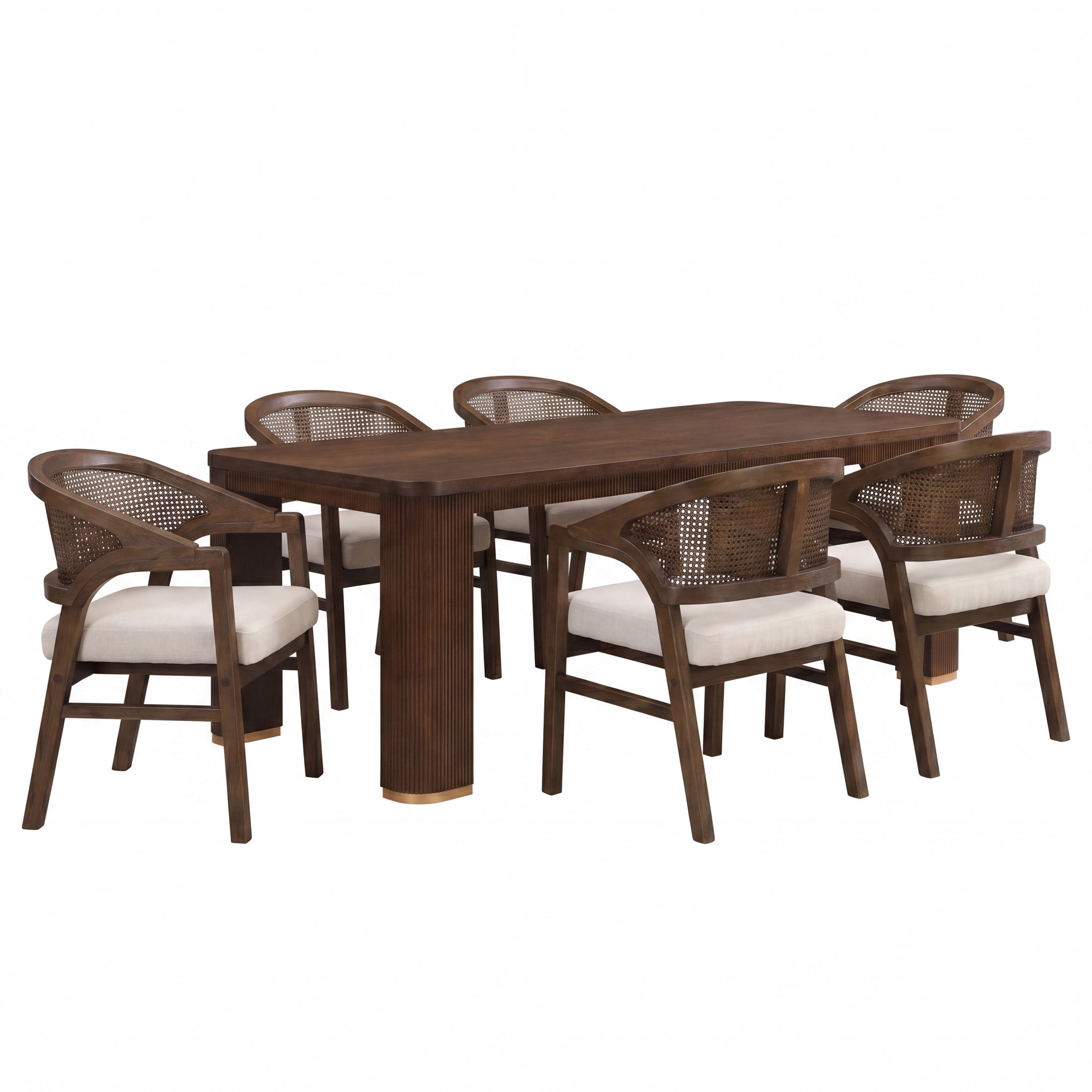 Christopher Knight Home 7-Piece Mid Century Dining Set, 90" Table with Rattan Back Wood Chairs, Walnut