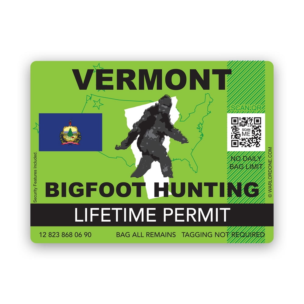 Vermont Bigfoot Hunting Permit Sticker Decal Self Adhesive Vinyl