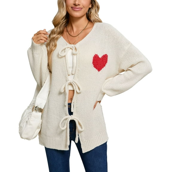 Sweaters for Women Cable Knit Sweater Tie Strap V Neck Casual Long Sleeve Cardigans Alsol Lamesa