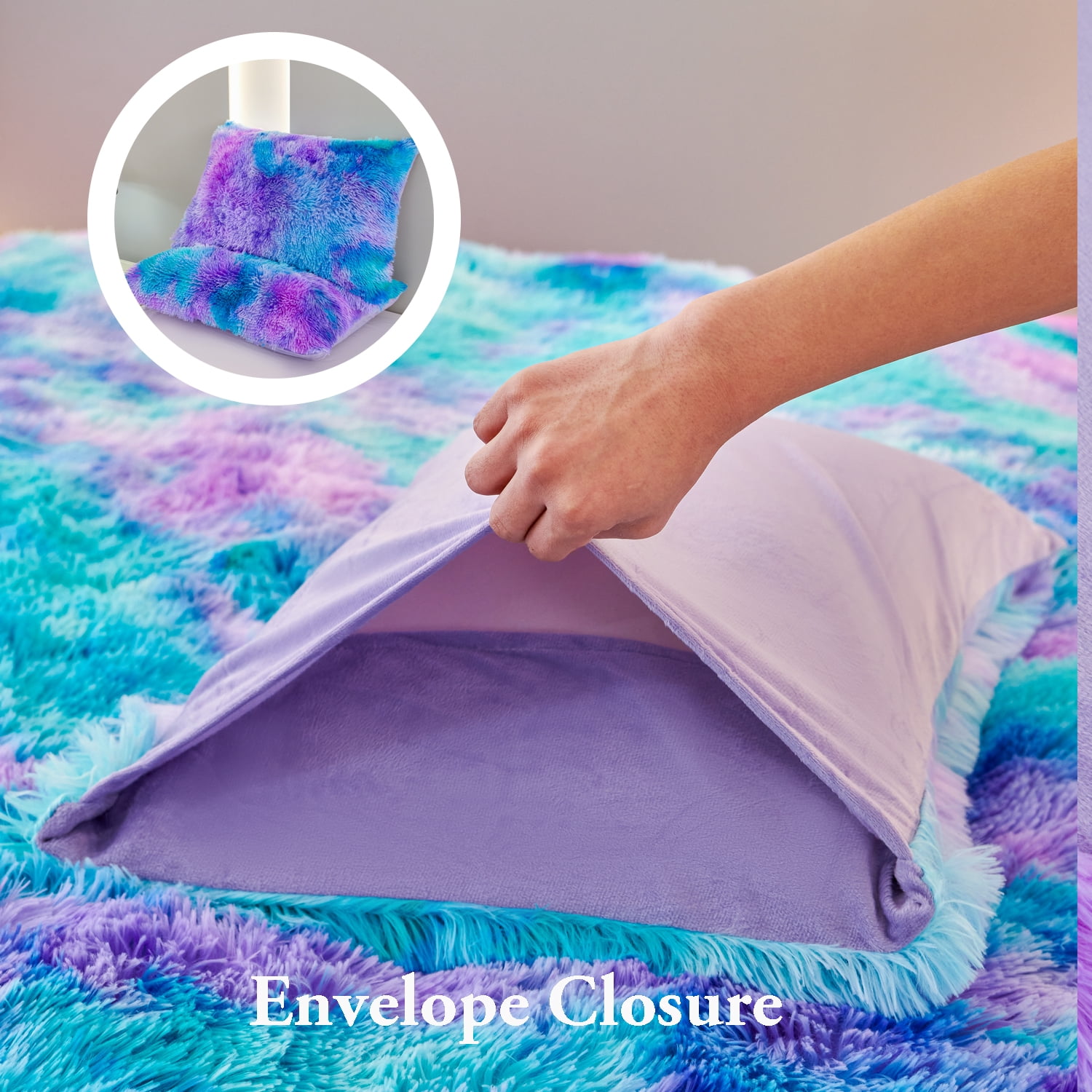 URBONUR 3Pcs Blue Purple Queen Bedding Set for Women Faux Fur Comforter Tie Dye Fluffy Comforter Set Cozy Fuzzy Shaggy Bed Sets(1 Furry Bedding + 2 Plush Pillowcases)