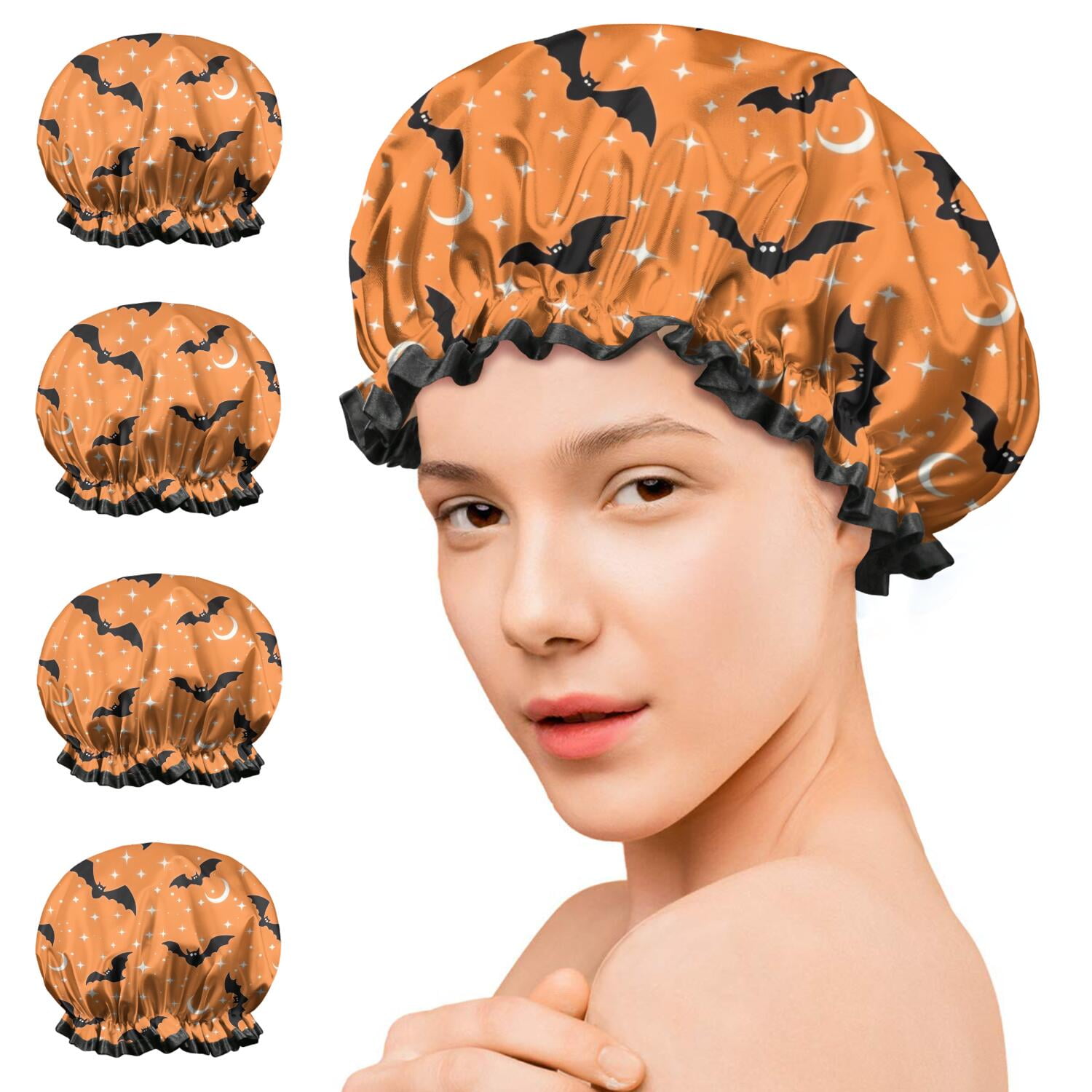 Shower Caps,Halloween Bats with Moons and Stars Waterproof Shower Cap for Women 4 Pieces,Double Reusable Hair Cover for Shower PEVA Elastic Stretch Hem