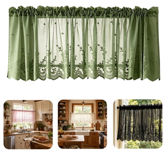 40"X24"Boho Lace Window Curtain Valance Embroidered Solid Color Farmhouse Light Filtering Small Window Tier for Kitchen Living Room