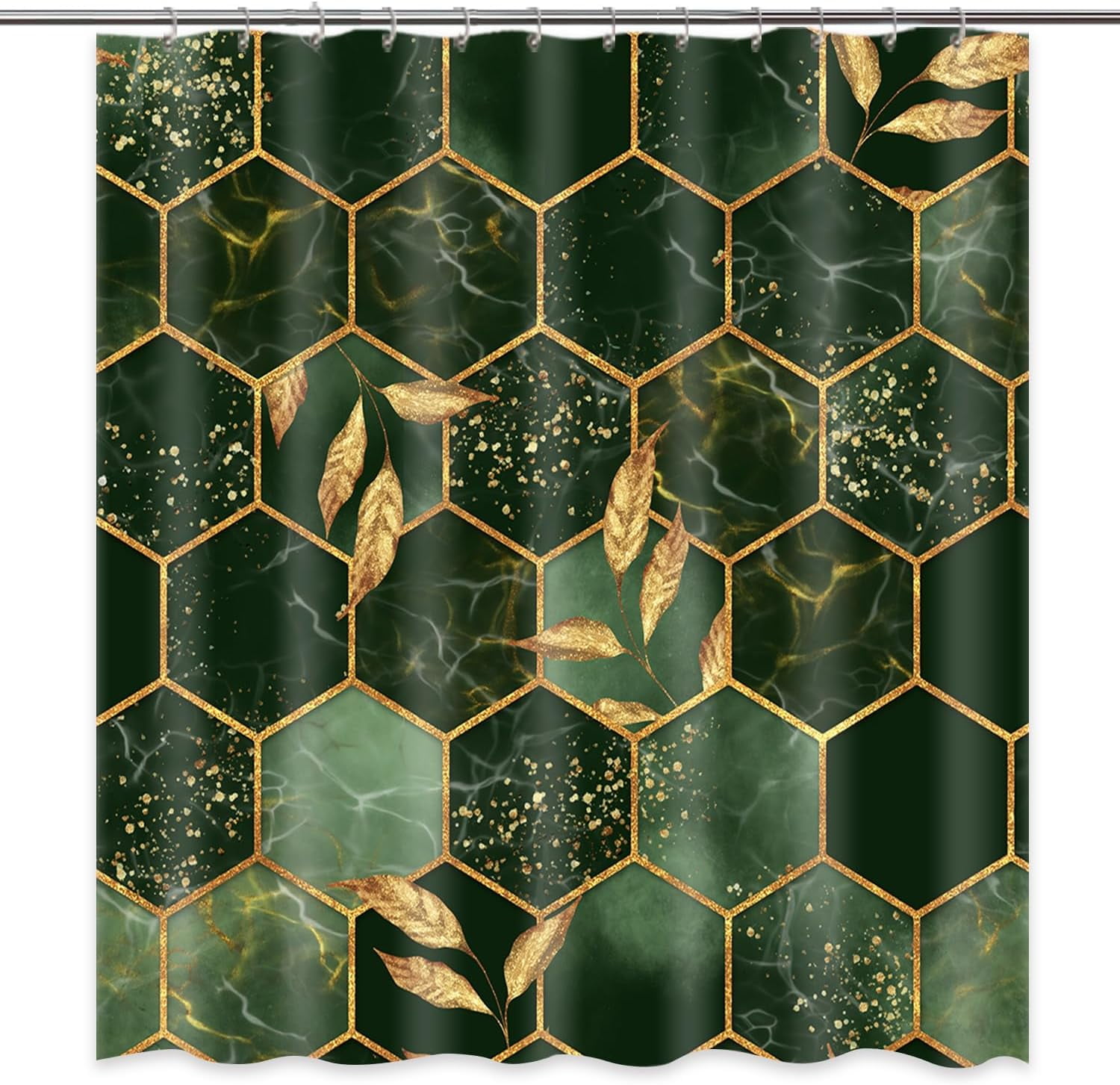 Dark Green Shower Curtain Emerald Marble Bath Curtain Gold Decor Leaves Geometric Fabric Bathroom Shower Curtains
