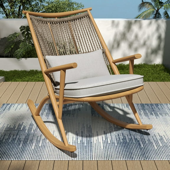 Outdoor Rocking Chair, Patio Rocking Chairs with PE Rattan Backrest &  Seat and Back Cushion, Porch Rocker for Adults,  400lbs Weight Capacity