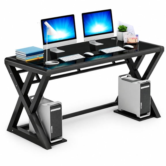 55.1 Inch Black Tempered Glass Desk, Metal Frame Computer Writing Table for Home Office Study, Contemporary Laptop Workstation Gaming Desk