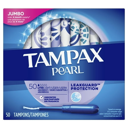 TAMPAX Pearl, Light, Plastic Tampons, Unscented, 50