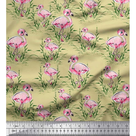 Soimoi Beige Cotton Duck Fabric Grass & Flamingo Bird Print Fabric by Yard 42 Inch Wide