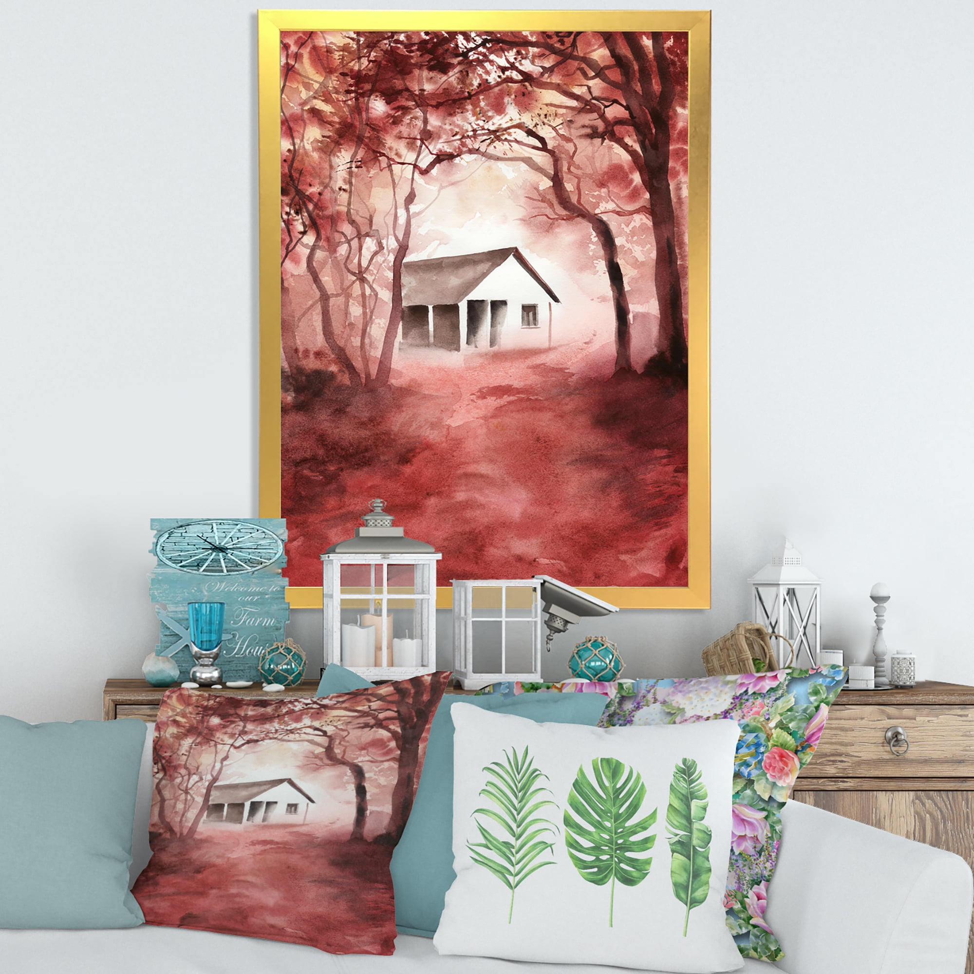 Designart 'Red Autumn Woods and A House in Wild' Cabin & Lodge Framed Art Print