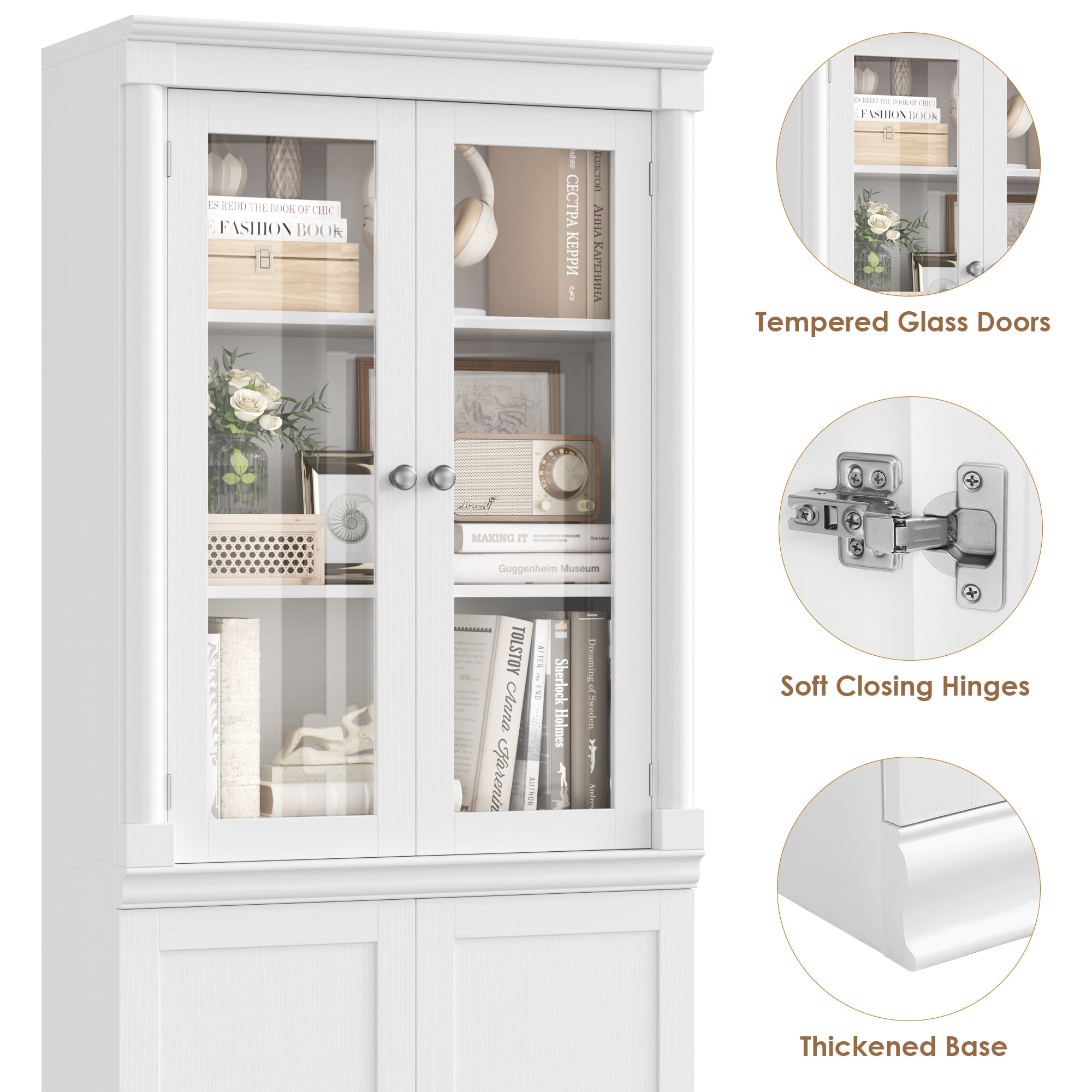 Homfa 71"H Bookcase with Glass Doors, 5 Tier Storage Bookshelf with Adjustable Shelf for Study Home Office, White