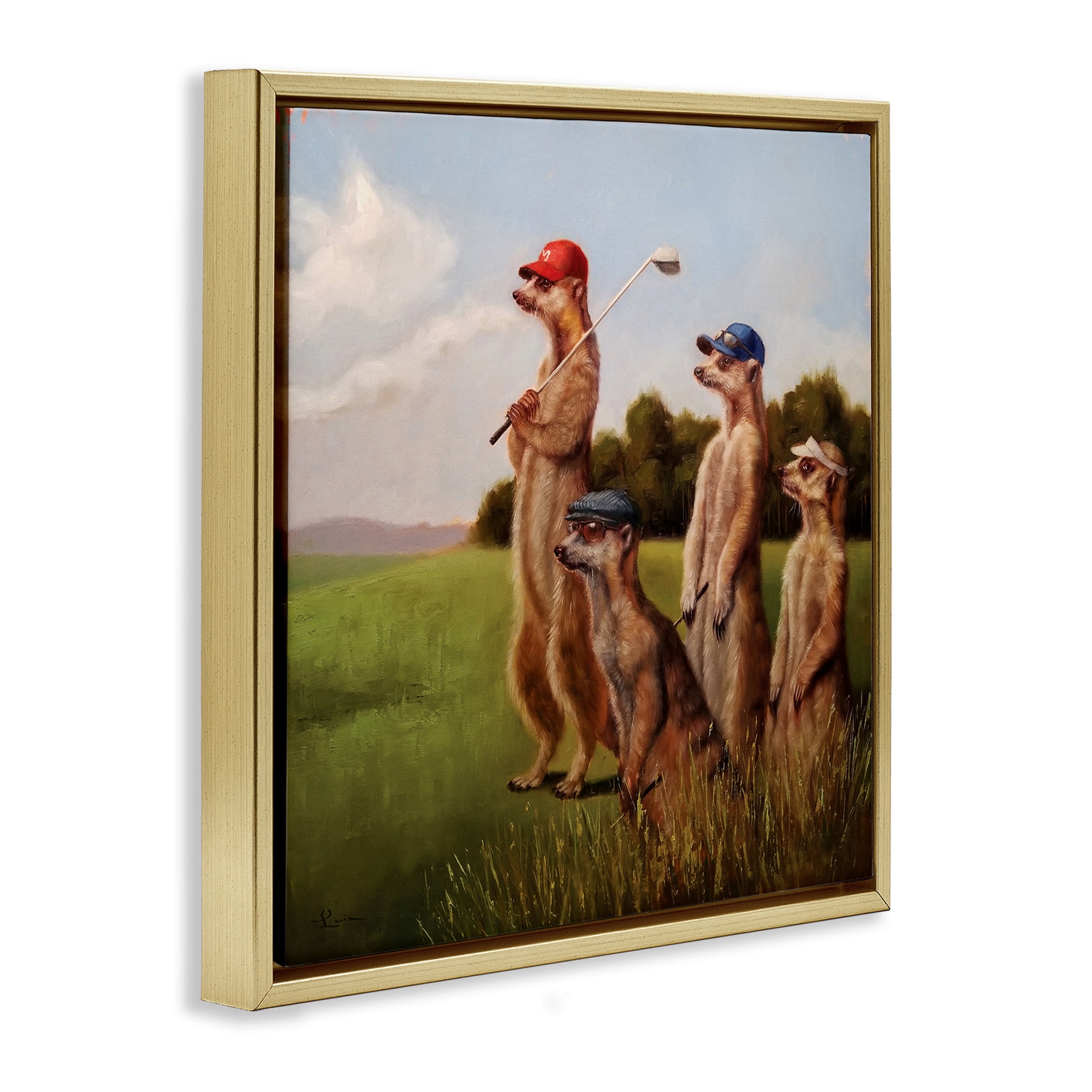 Stupell Industries Meerkats Playing Golf Animals & Insects Painting Gold Floater Framed Canvas Art Print Wall Art, 25 x 25