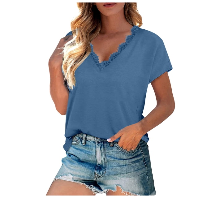 Mujeres moda Casual Color sólido cuello en V encaje costura manga corta camiseta Top blusa pulóver Pompotops hkajfhjk464084