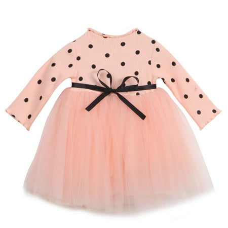 

Newborn Toddler Kids Baby Girls Lace Princess Dress Long Sleeve Knitting Skirt Dot Tutu Dress 0-4T