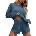thumbnail image 3 of CILENON Womens Summer Outfits Womens Knitted Pajamas Suit Long Sleeved Top And Shorts With Casual Wear Suit Casual Wear Sports Suit 2 Piece Sets for Women Summer Workout Sets for Women (Blue3,L), 3 of 6
