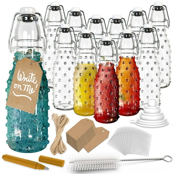Nevlers 8.5 oz Dotted Swing Top Bottles (Pack of 12) | Includes Funnel, Brush, Tags and Shrink Wrap